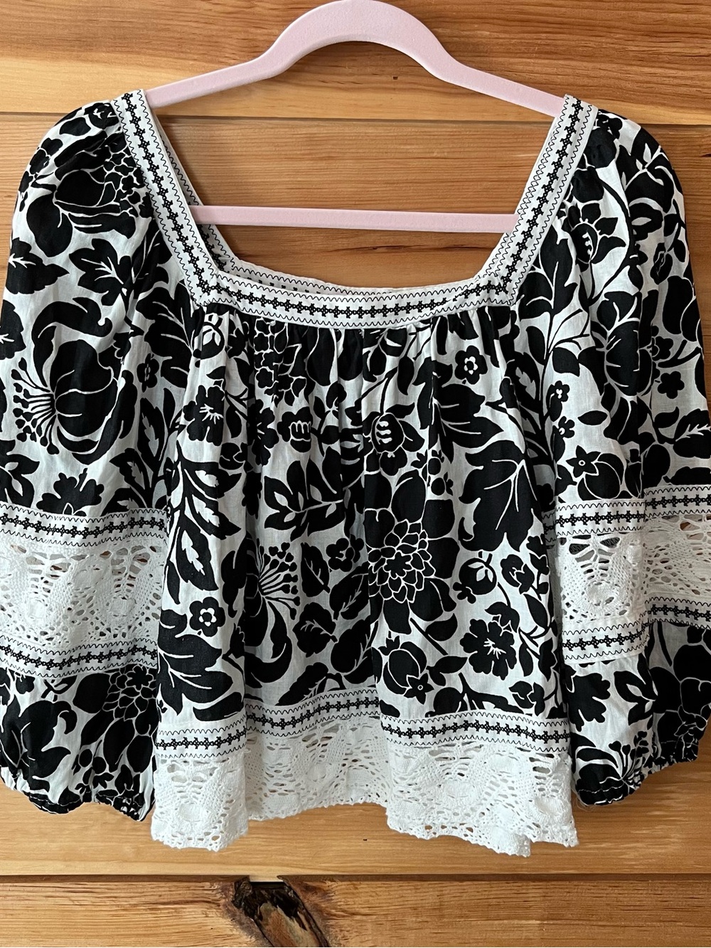 Rachel Zoe Black & White Linen Blend Floral Square-Neck Boho Blouse Feminine